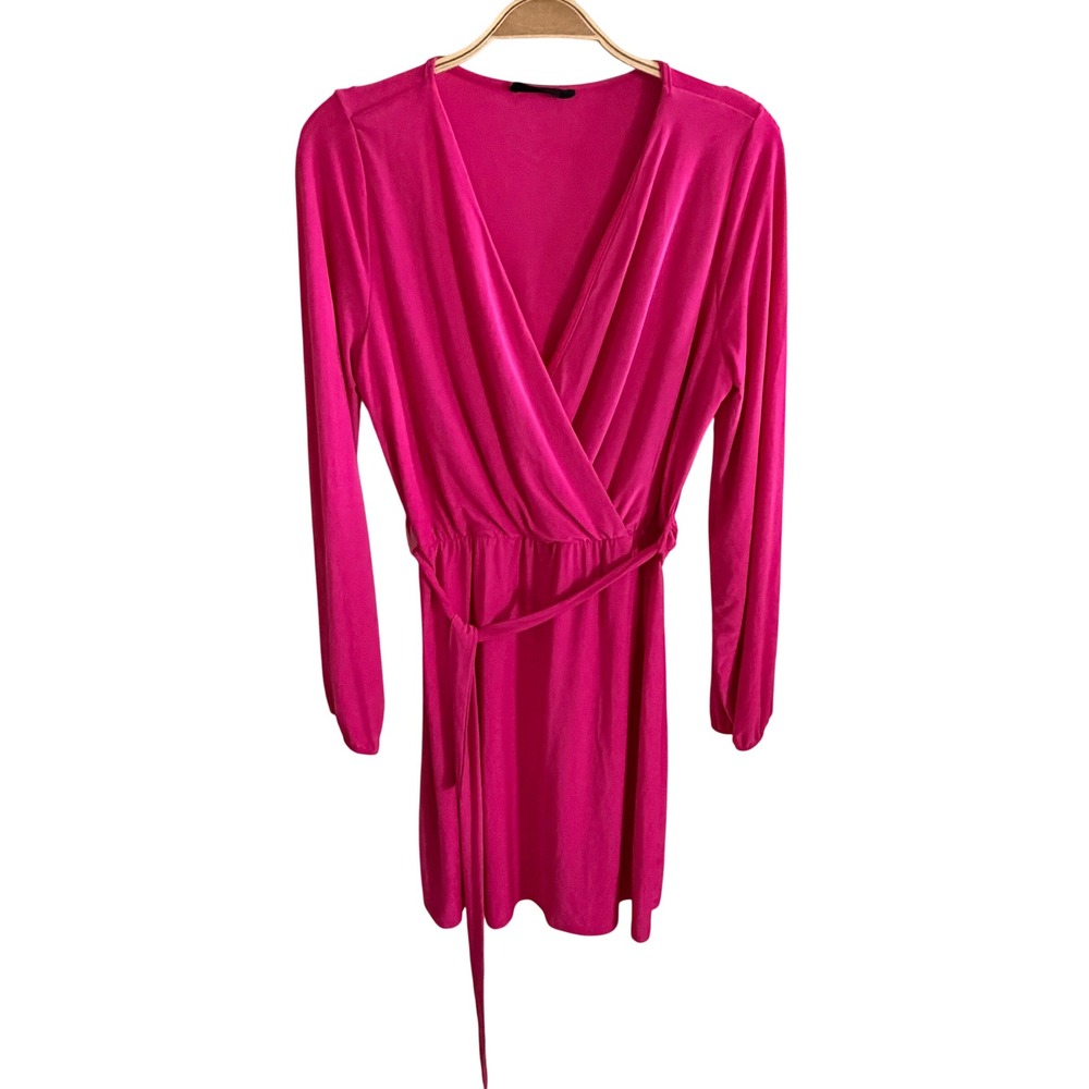 21‎ Saints Hot Pink Long Sleeve V-Neck Tie Waist Mini Dress Fuchsia Barbiecore